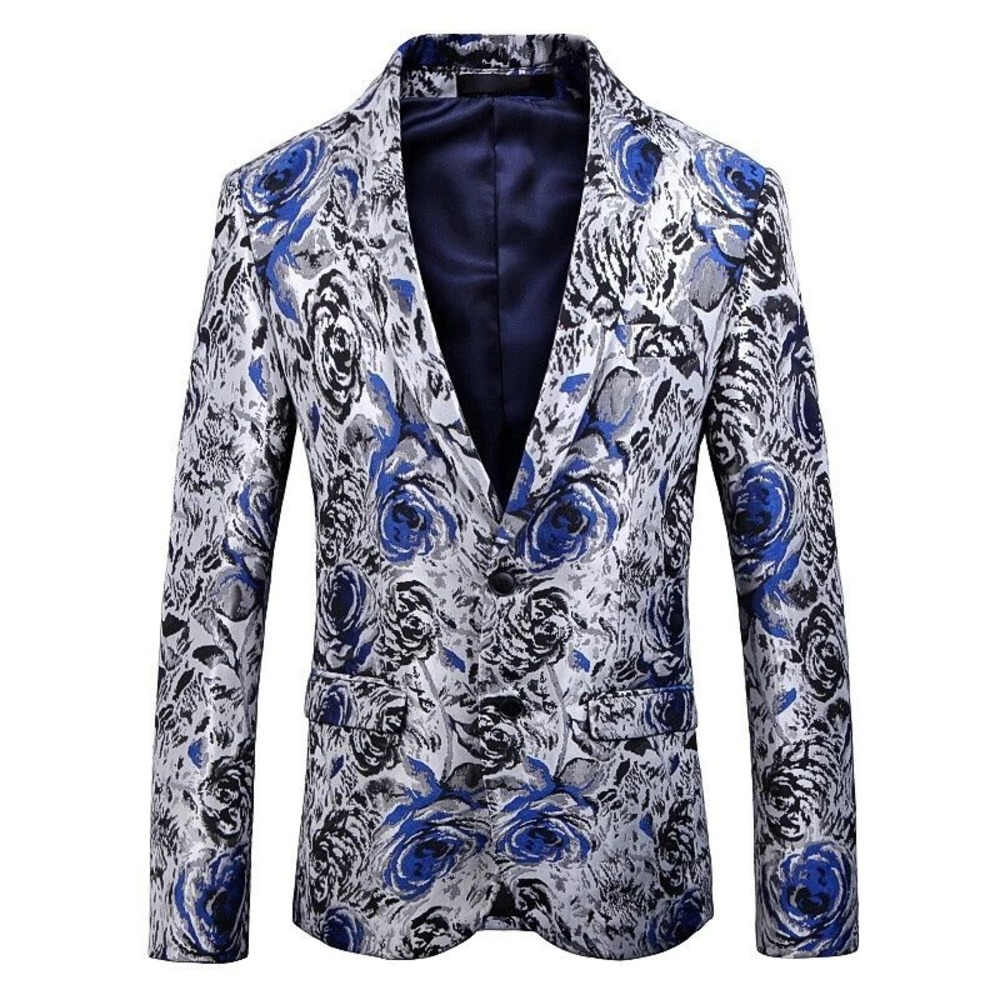 Mage Male Blazer Mens XXL Blue Silver Rose Floral Jacquard Sport‎ Coat Excellent
